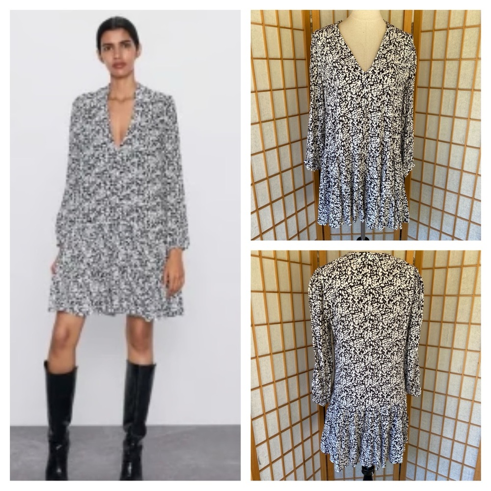 Zara Black & White Babydoll Mini Dress SZ S
